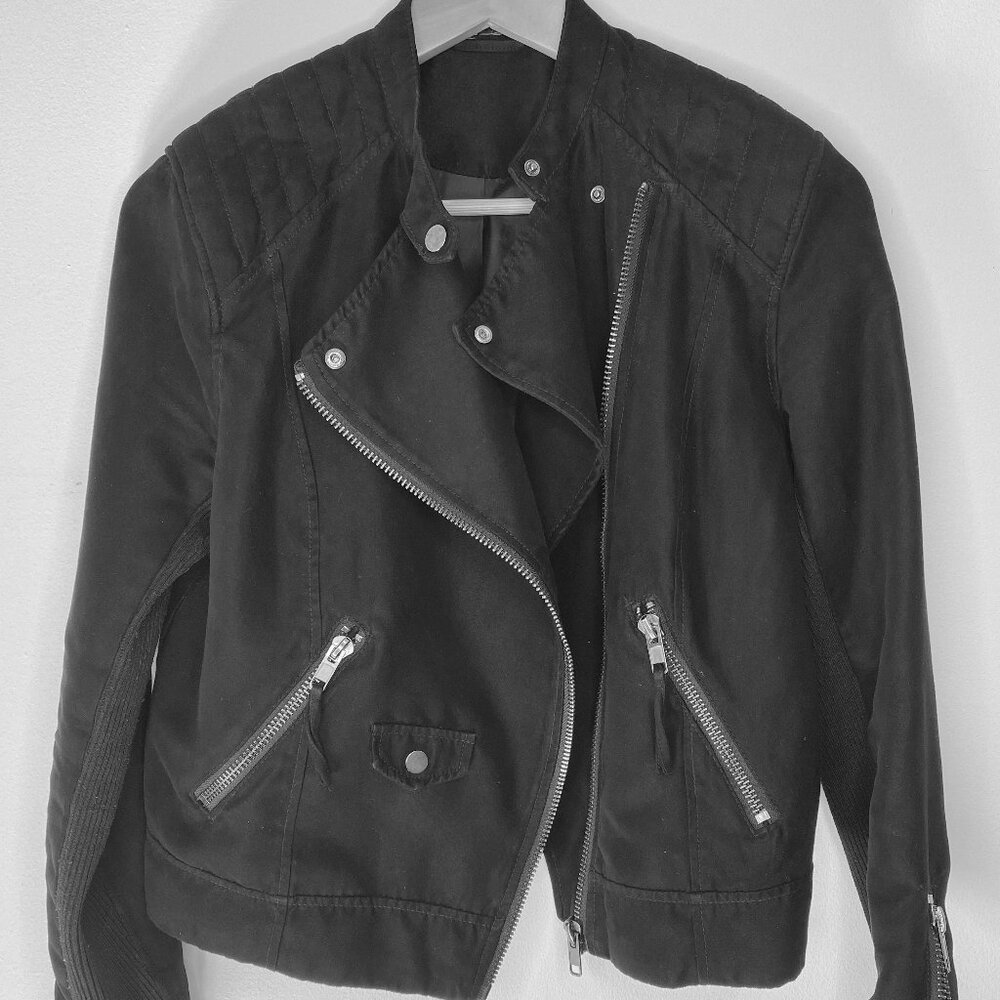 No Tag - HM, Zip front, moto/ biker/ bomber jacket, faux suede, shoulder details